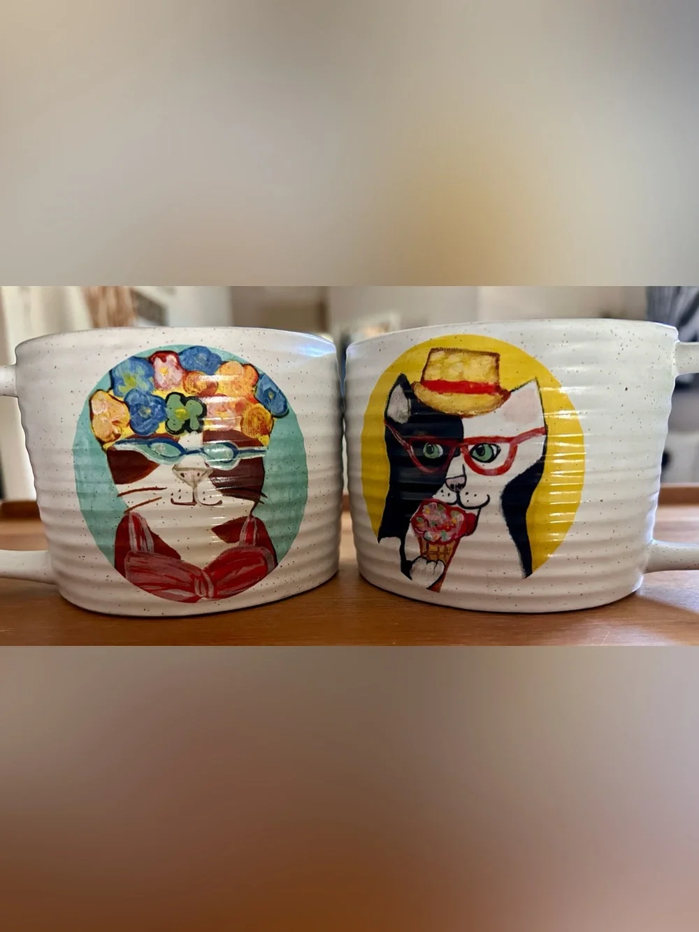 West Elm Speckled Pottery Ribbed Textured Mugs with Whimsical Cat Illustrations